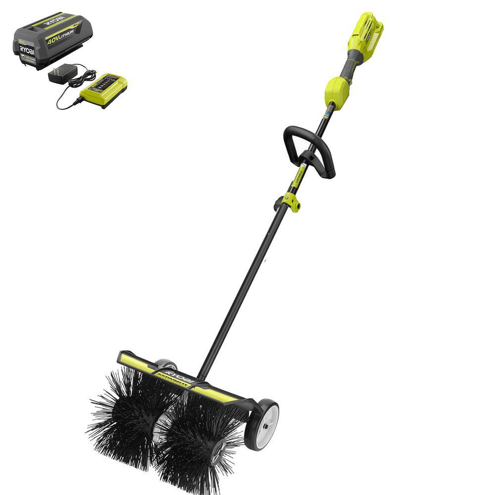 RYOBI 40V Expand-It Cordless Battery Attachment Capable Trimmer Power Head and Sweeper Attachment w 4.0 Ah Battery Charger RY40226-SWP