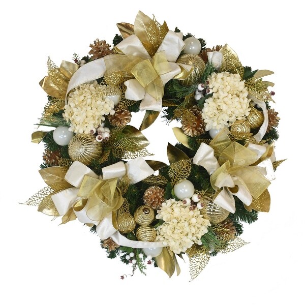 32 Holiday Wreath with Hydrangeas，Pinecones and Velvet Bows