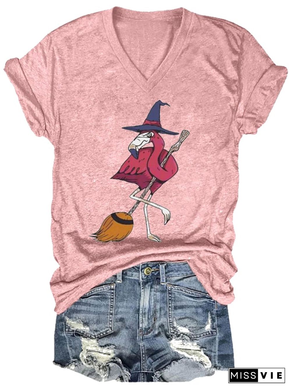 Women's Halloween Flamingo Witch Print V-Neck T-Shirt