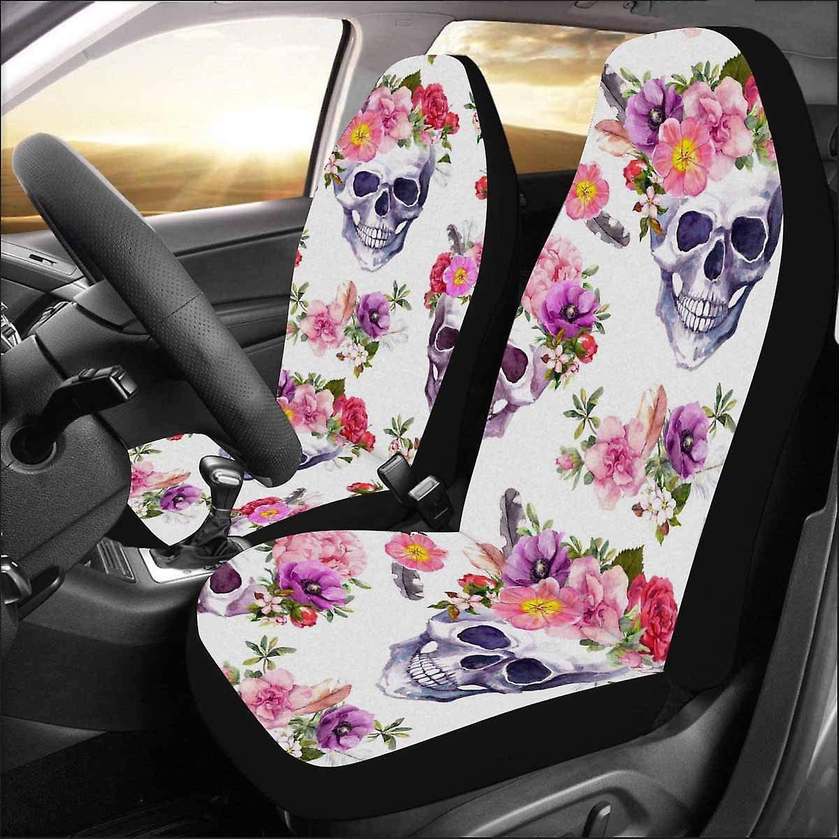 Set Of 2 Car Seat Covers Human Skulls With Flowers Universal Auto Front Seats Protector Fits For Car，suv Sedan，truck D 71032