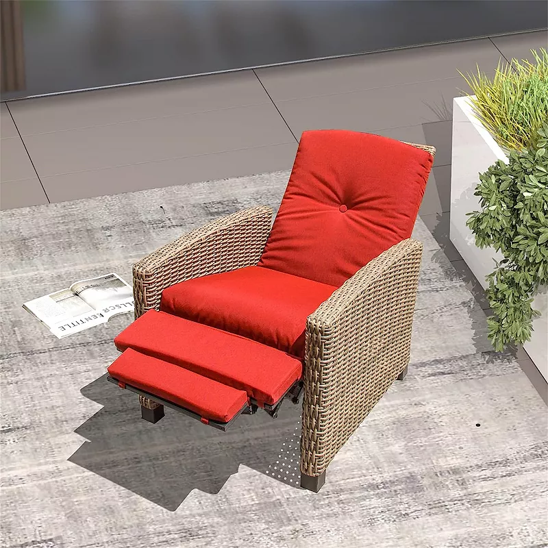 F.C Design Indoor and Outdoor Recliner， All-Weather Wicker Patio Chair， Red Cushion