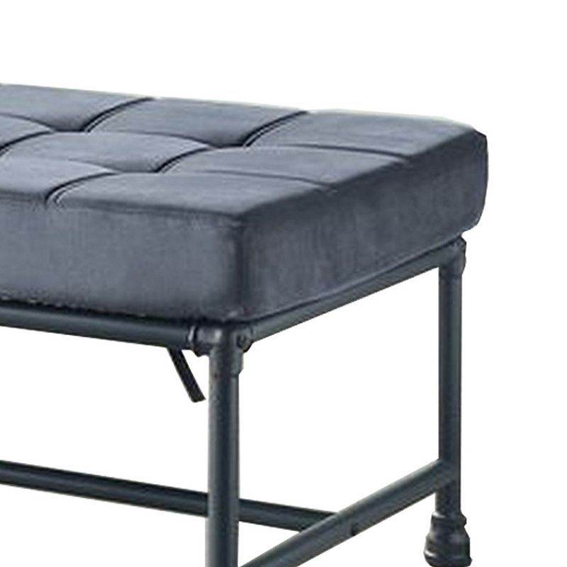 Bench with Button Tufted Seat and Pipe Style Metal Frame， Gray