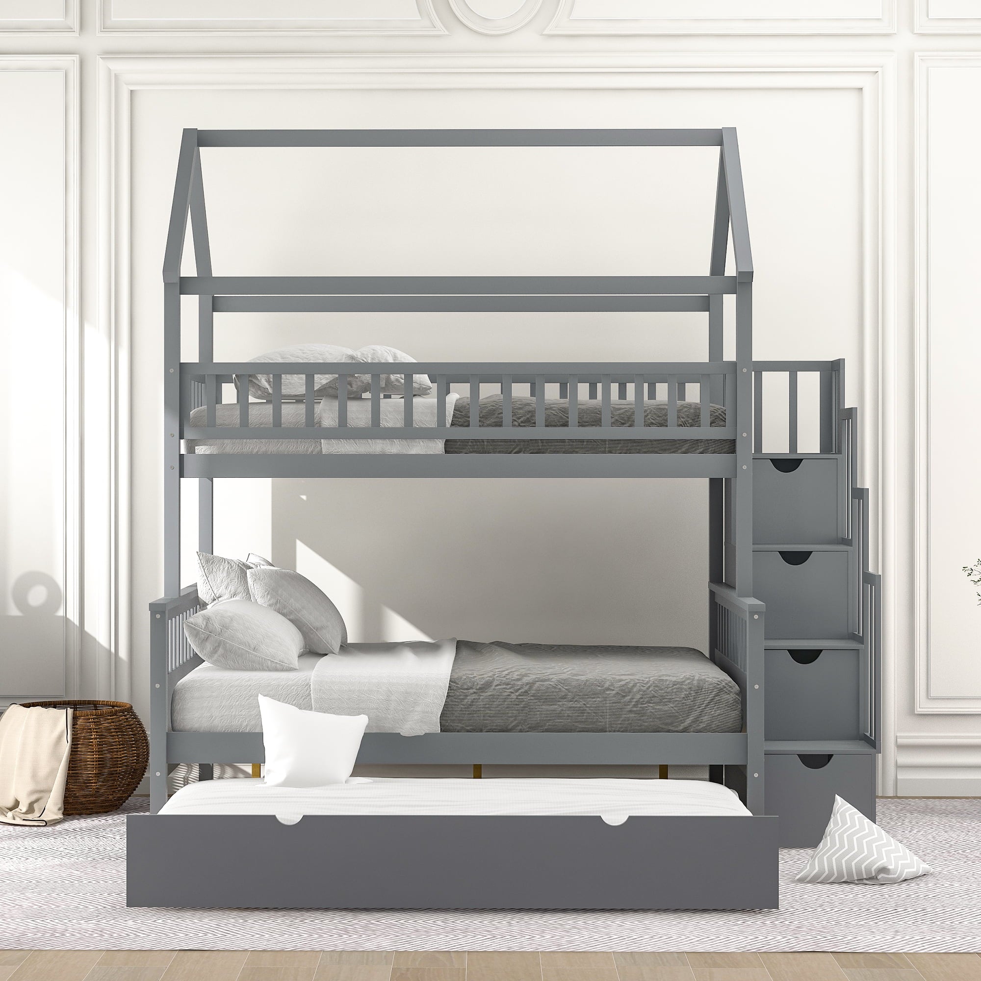 EUROCO Twin over Full House Bunk Bed with Trundle for Kids, Gray