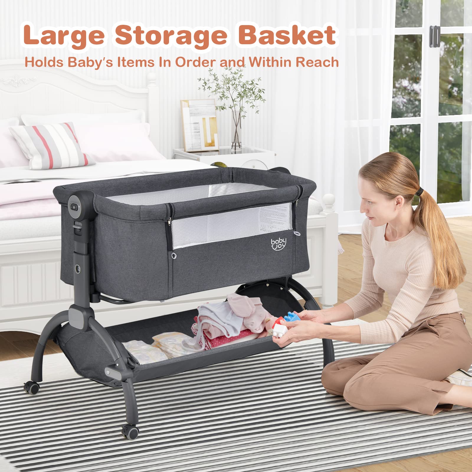 BABY JOY Baby Bassinet, 3-in-1 Rocking Bassinet w/Storage Basket, Double-Lock Design