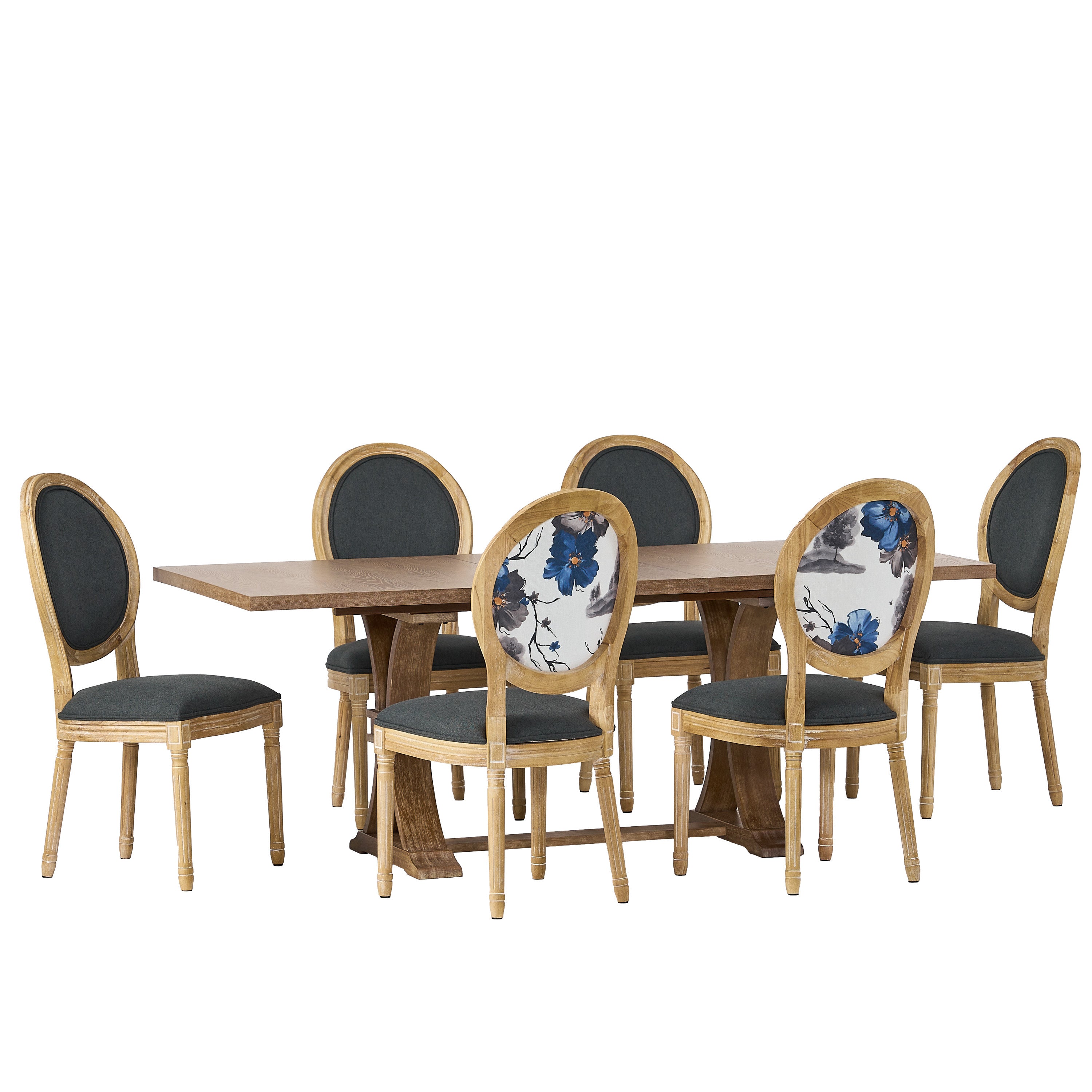 Dason French Country Fabric Upholstered Wood 7 Piece Dining Set