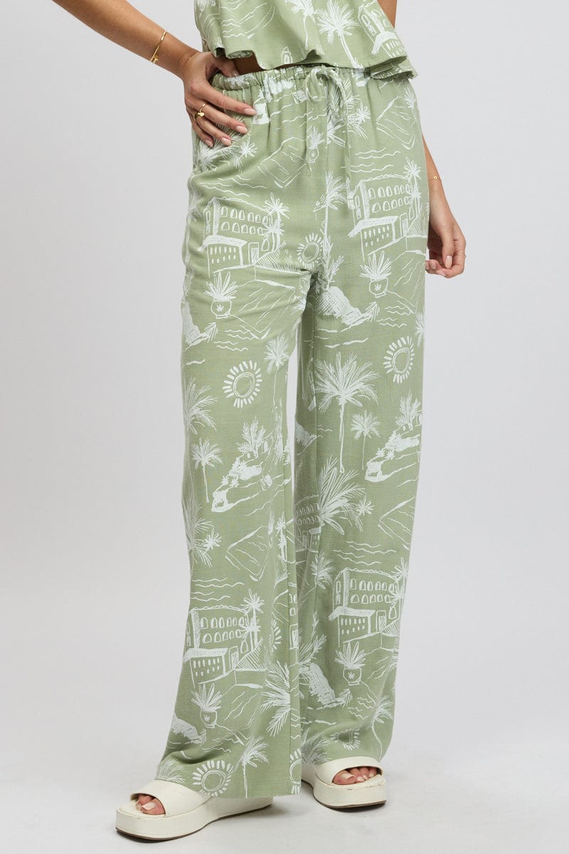 Green Abstract Wide Leg Pants High Rise