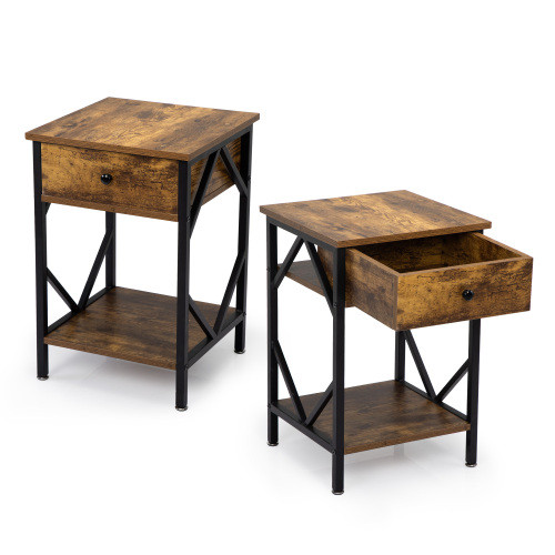 Set of 2 Nightstand Industrial End Table with Draw...