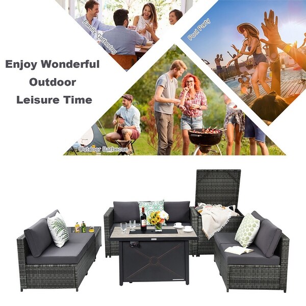 Gymax 9 PCS Patio Rattan Furniture Set Fire Pit Table Storage Black W/