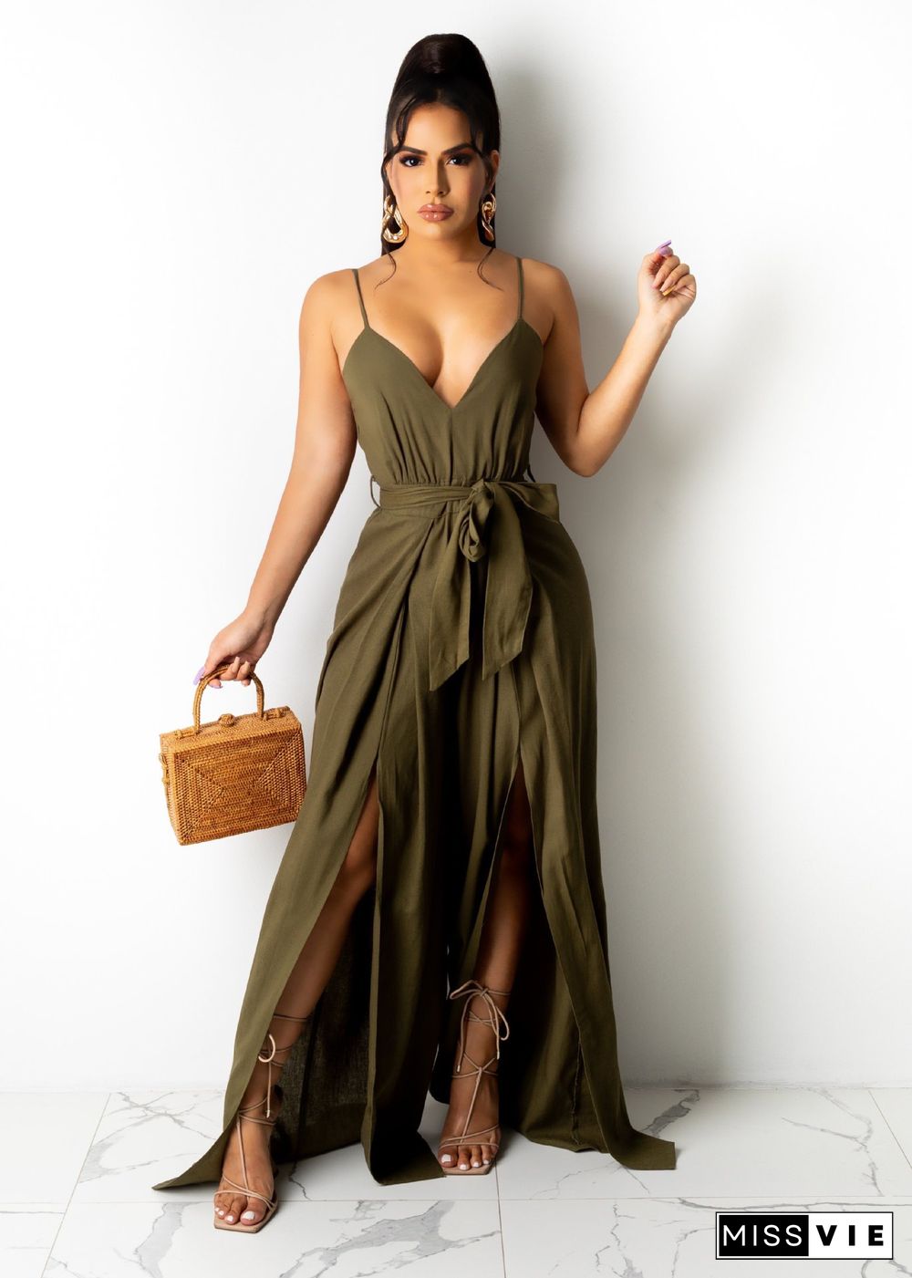 Summer Hot Style Women Elegant Solid Color Deep V Neck Wide Leg Split Spaghetti Strap Bandage Jumpsuit