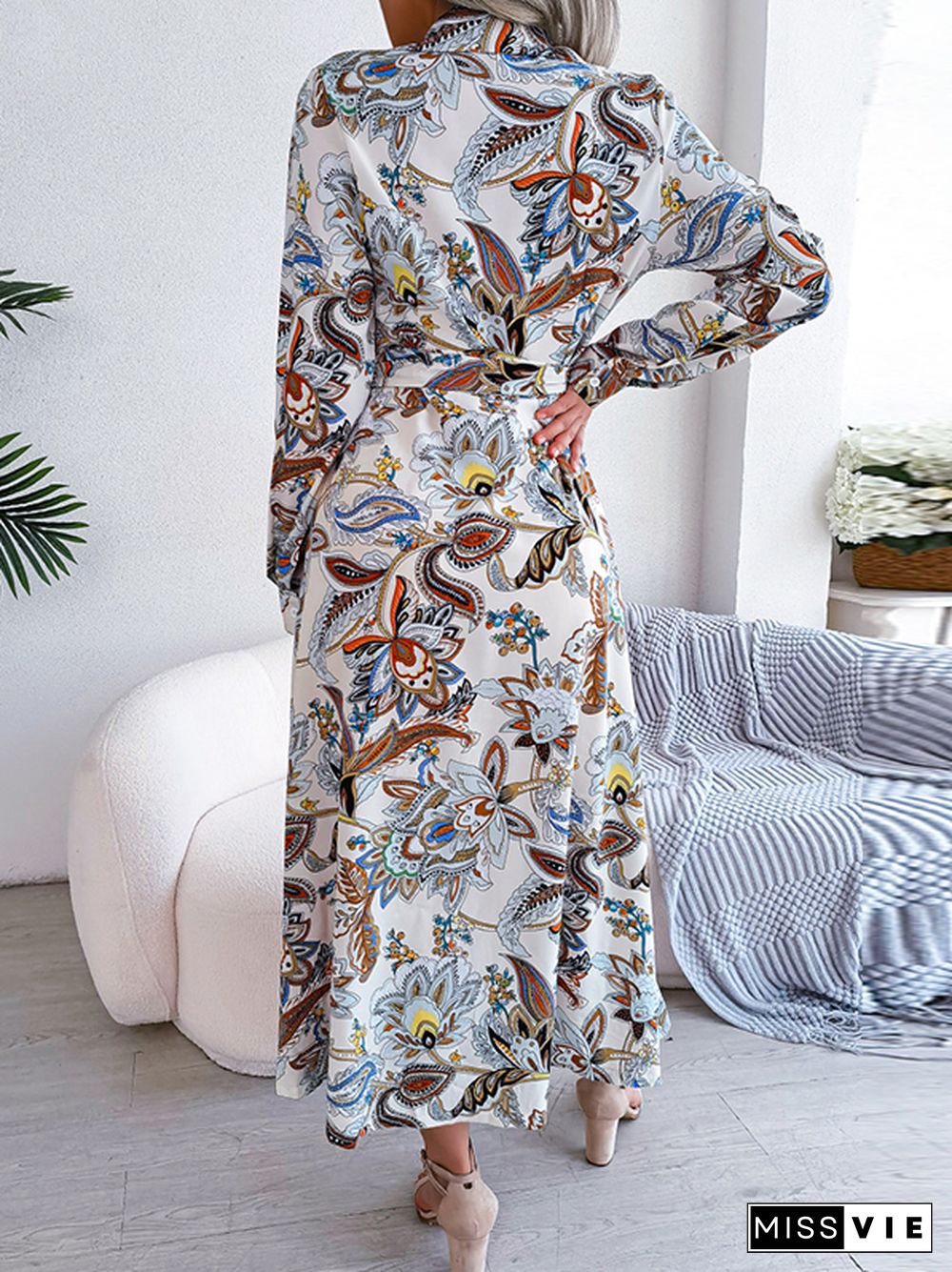 Long Sleeves Buttoned Flower Print Tied Waist Lapel Maxi Dresses