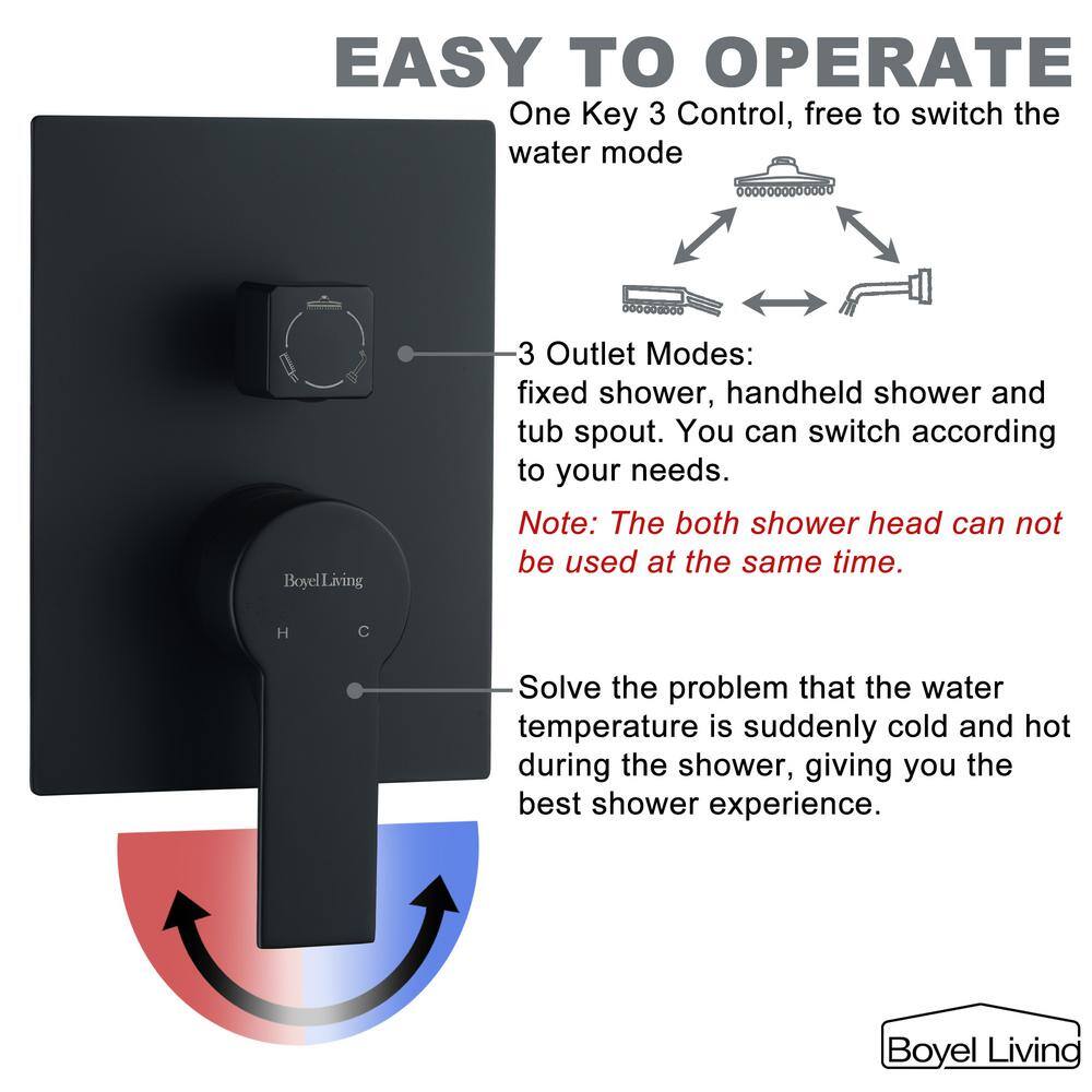 Boyel Living Wall Mount Single-Handle 1-Spray Tub and Shower Faucet with 12 in. Fixed Shower Head in Matte Black (Valve Included) SMD-88016B-12