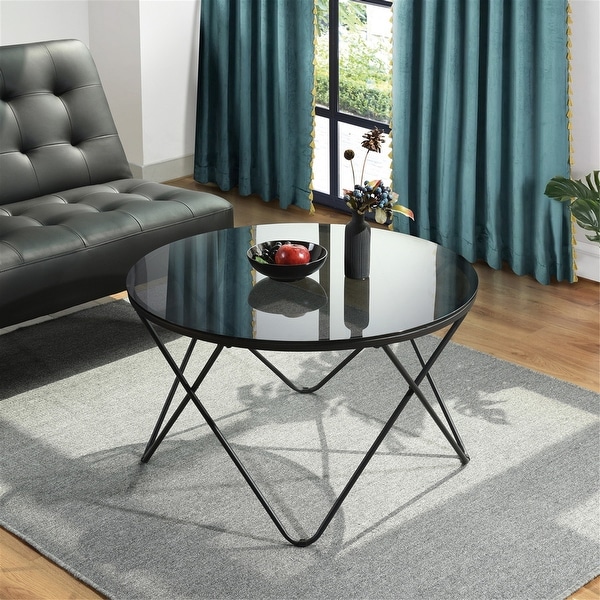 Round Coffee Table with Black Glass and Metal Frame - 32