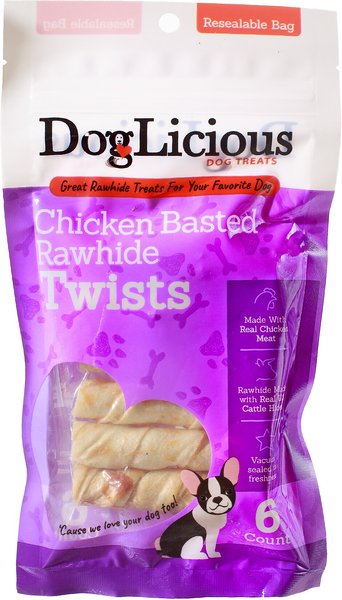 Canine's Choice DogLicious Chicken Basted Rawhide Twists Dog Treats， 6 count