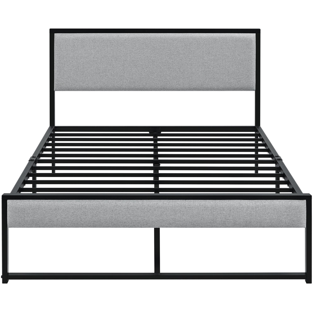 Easyfashion Metal Upholstered Platform Bed Base with Linen Headboard, Light Gray, Full