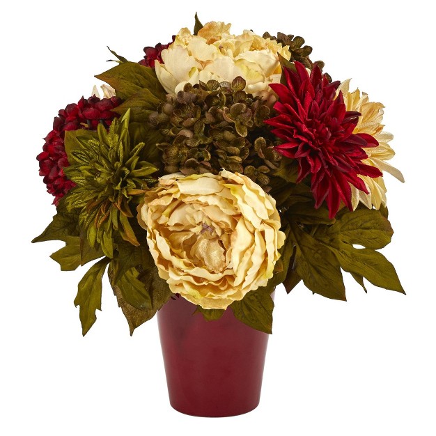 Nearly Natural 14-in Peony， Hydrangea And Dahlia Artificial Arrangement In Burgundy Vase