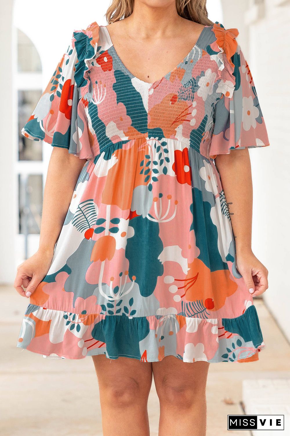 Multicolor Plus Size Shirred Mixed Print Ruffle Dress