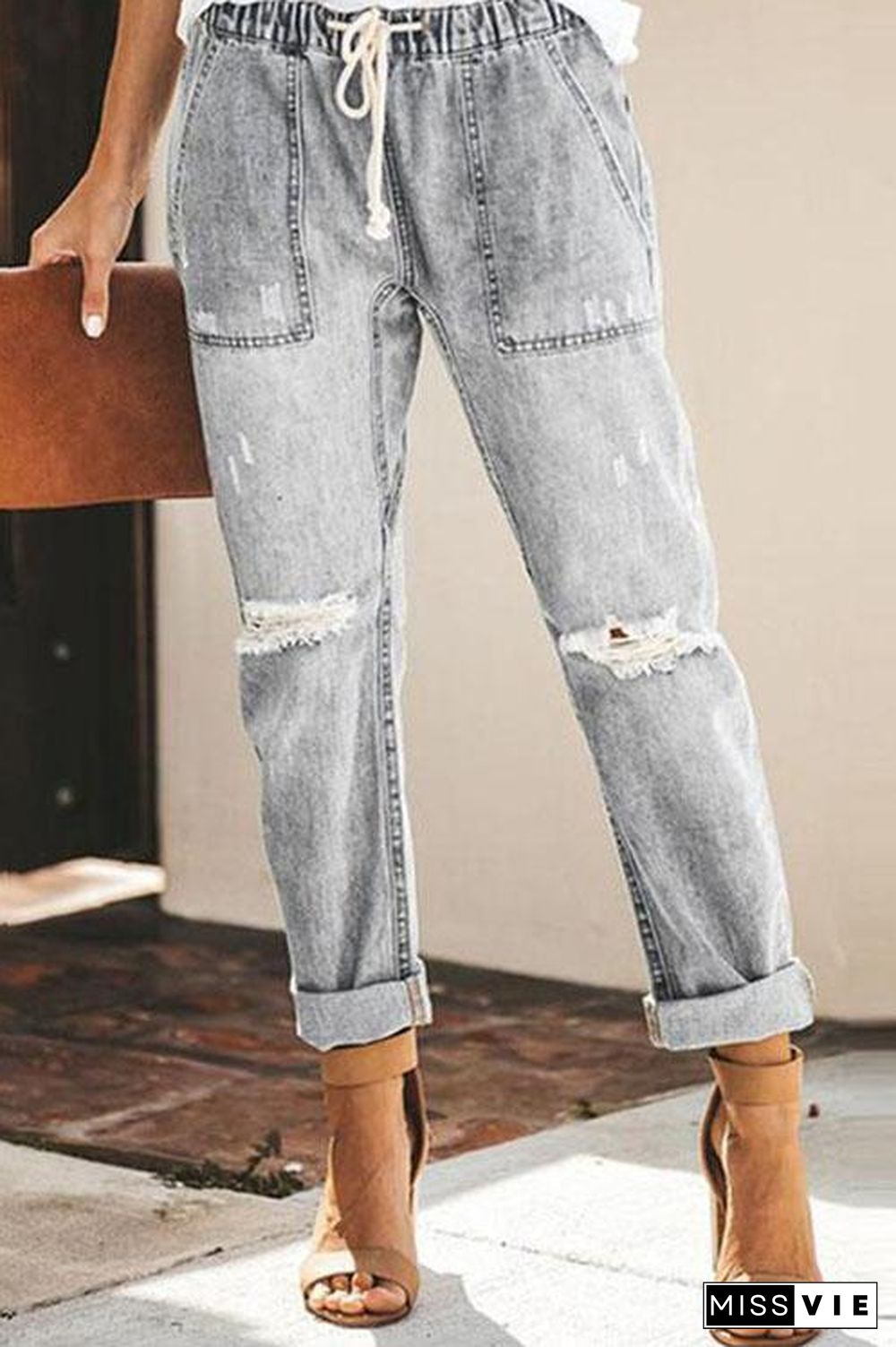 Elastic Waist Ripped Jeans