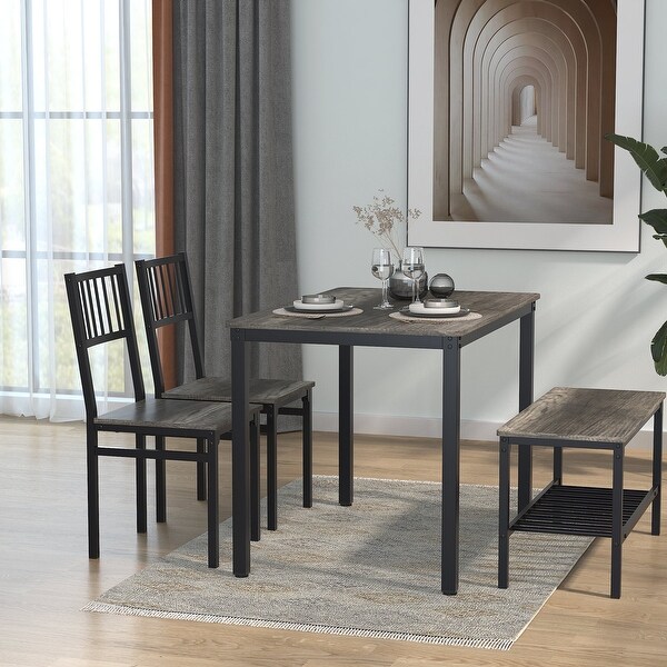 4-Piece Dining Table Set with Storage Rack， 43in Rectangular Kitchen Table with 2 Chairs and a Bench Dining Set