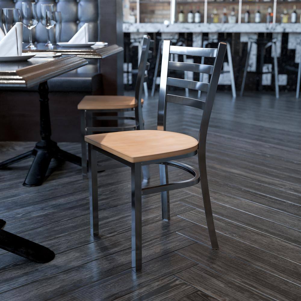 Flash Furniture Hercules Series Clear Coated Ladder Back Metal Restaurant Chair with Natural Wood Seat XUDG694CLADNATW