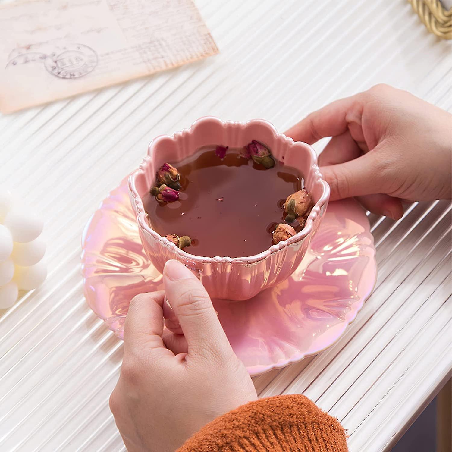 Porcelain Coffee Mugs Flower Shaped Tea Cup And Saucer Set For Housewarming Gift Home Decor (pink)