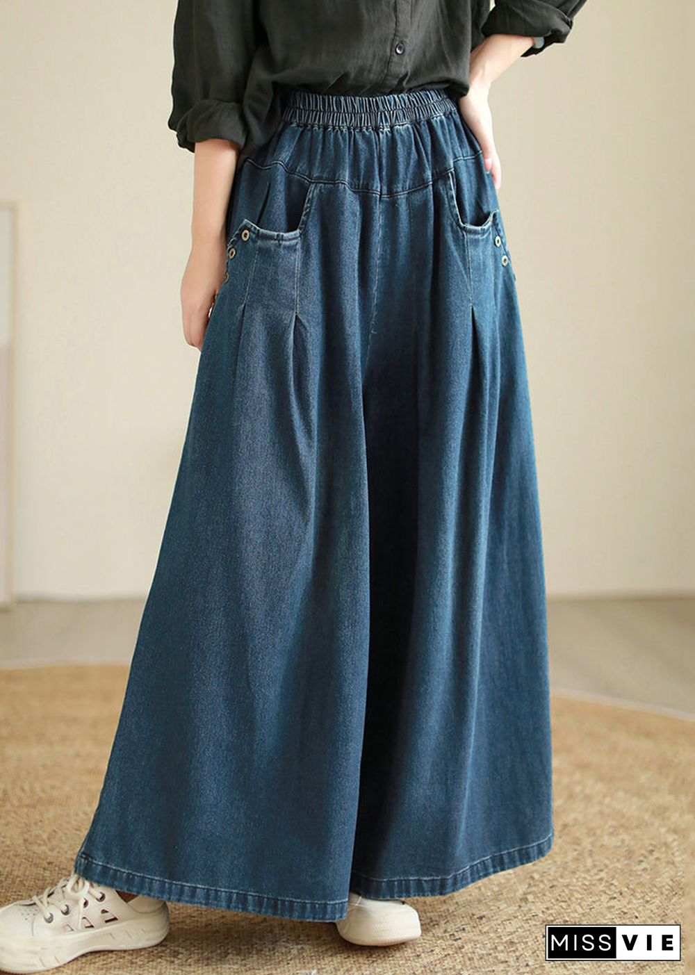 Loose Blue Pockets Elastic Waist Patchwork Denim Pants Fall