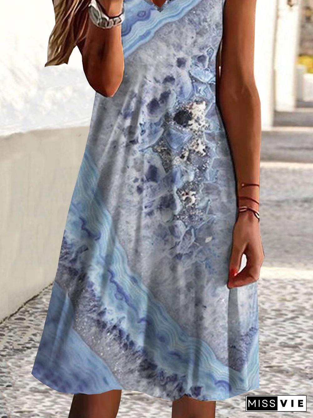 Vacation Abstract Sea Printed Loosen Midi Dresses