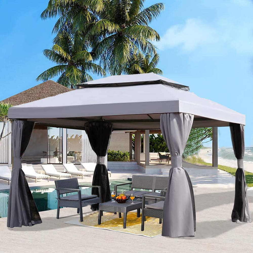 BANSA ROSE 10 ft x 13 ft Outdoor Gazebo with 2tier Waterproof Polyester Canopy Mosquito Netting and Shade Curtains