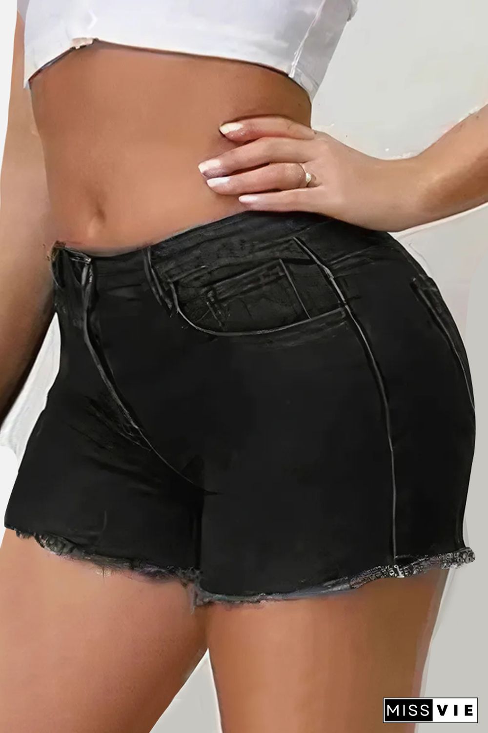 Mid Waist Raw Hem Denim Shorts