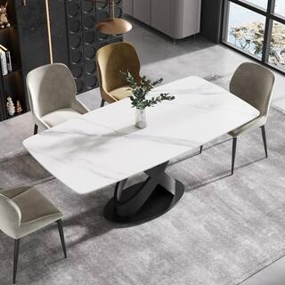 Magic Home 70.87 in. Bottom Radius Rectangular White Sintered Stone Dining Table with Black Pedestal Legs CS-W39517210