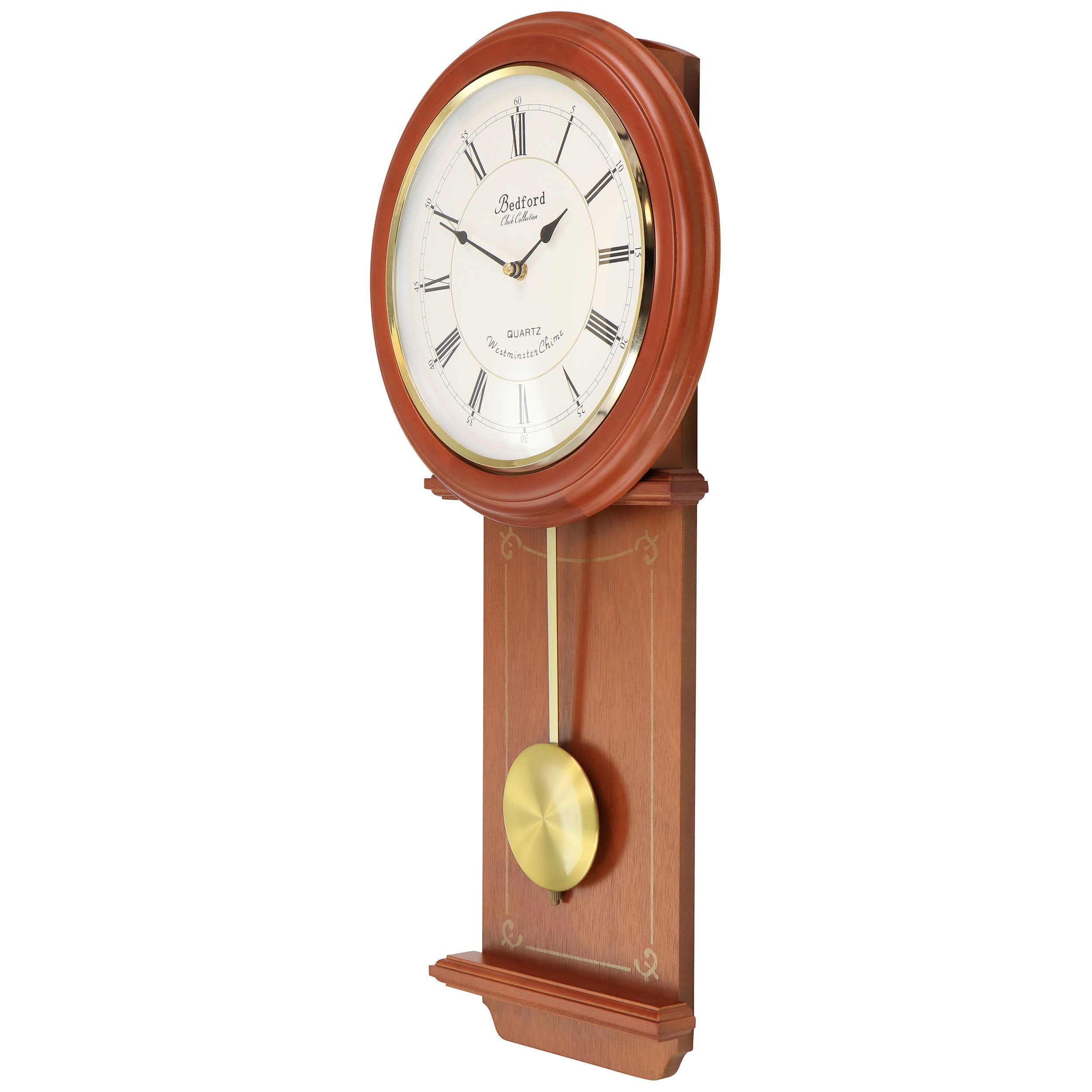 Bedford Clock Collection Olivia 24.5 inch Cherry Brown Wood Chiming Pendulum Vintage Wall Clock