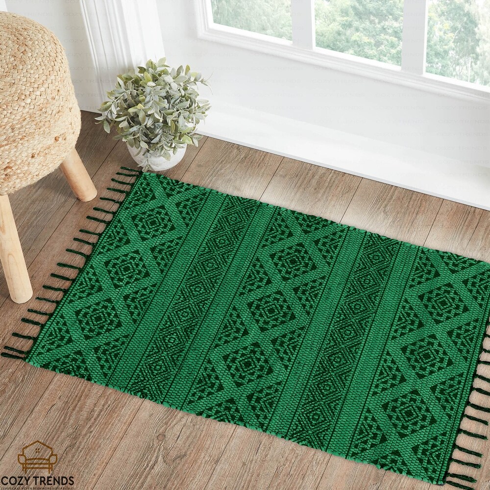 Cotton Woven Boho Rug 2'x3' Small Rug with Tassel  Versatile Washable Throw Rug for Bedroom Bathroom Hallway  Laundry  Entryway