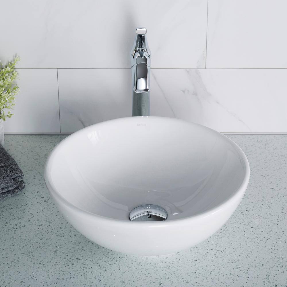 KRAUS Elavo Small Round Ceramic Vessel Bathroom Sink in White KCV-341