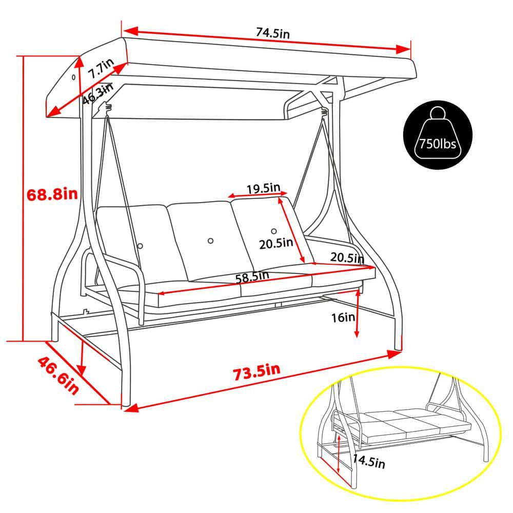 VEIKOUS 3Seat Converting Canopy Patio Swing Steel Lounge Chair with Cushions in Dark Grey