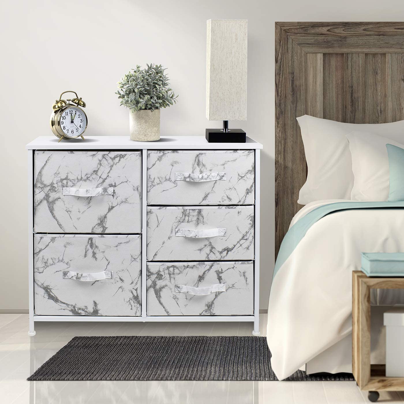 Sorbus Dresser with 5 Drawers- White Frame, White Marble Drawers