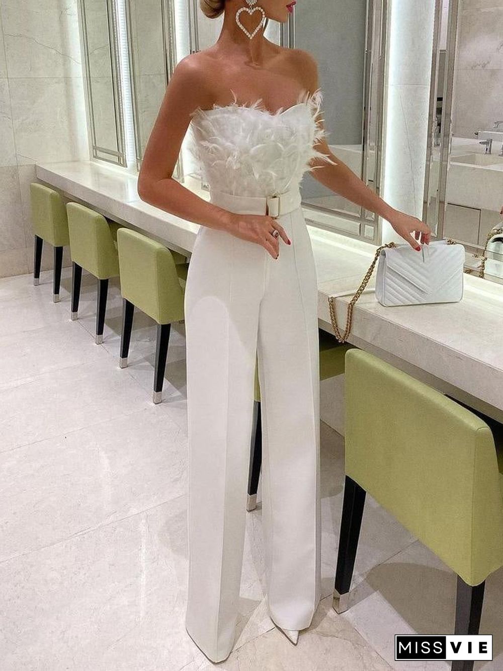 Women's Jumpsuits Feather Bandeau Belt Jumpsuit