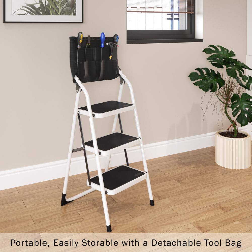 Stalwart 3-Step Stool - Folding Ladder with Steel Frame – 6 ft. Reach -330 lbs. Weight Capacity by Stalwart (White) 75-0001-S-STEP3