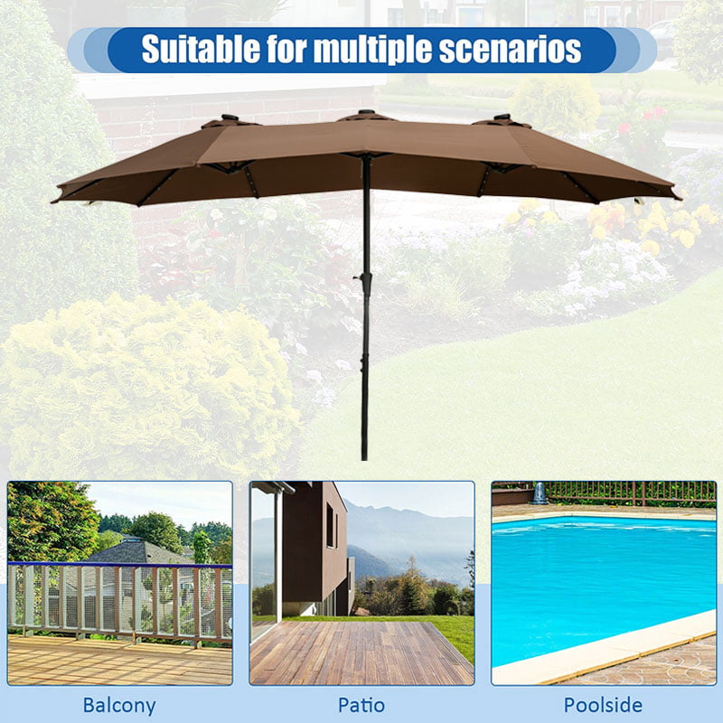 Autlaycil Table Umbrella 15FT Double-Sided Patio Umbrella W/ Solar Lights, Outdoor Market Umbrella W/ Crank-Brown