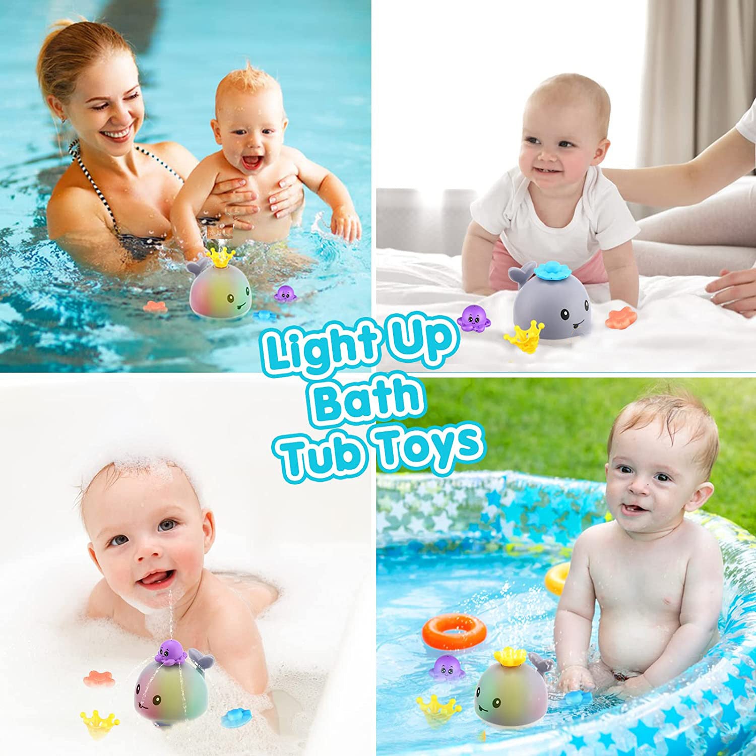 BESSNINI Baby Bath Toys， Cute Toddler Whale Light-up Spraying Bathtub Toys for Baby Infants Boys Girls with 4 Water Spraying Modes Gray