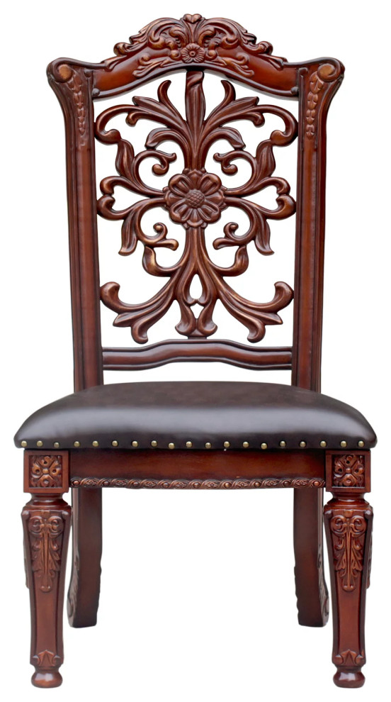 Set of 2 Dining Chair  Rich Brown Faux Leather Seat  ampUnique Ornate Carved Back   Traditional   Dining Chairs   by Decor Love  Houzz