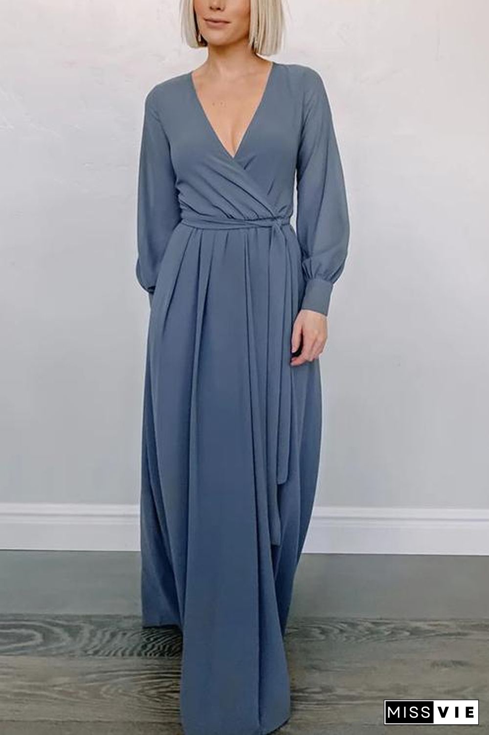 Button Puff Sleeve Belted Maxi Dress