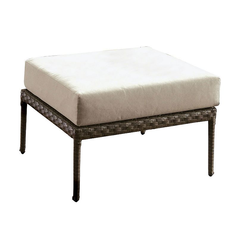 Faux Wicker Patio Ottoman with Fabric Box Cushion， Gray and Beige