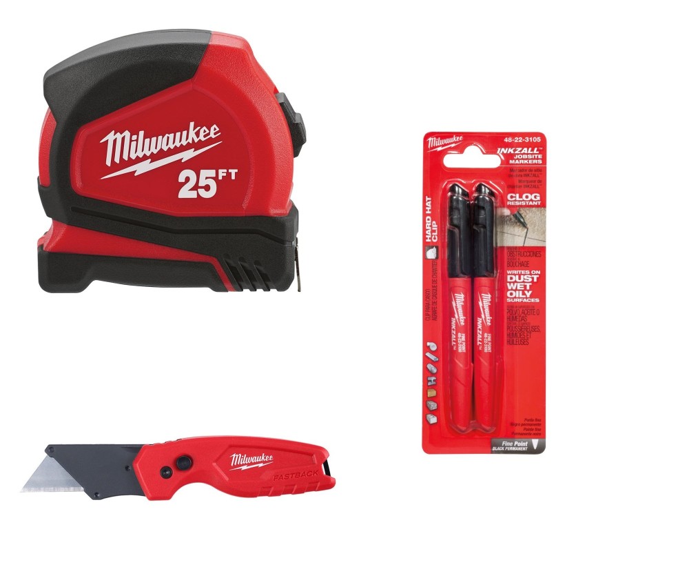 Milwaukee Tape Measure 25' Utility Knife and INKZALL Marker 2pk Bundle 48-22-6625-1500-3105 from Milwaukee