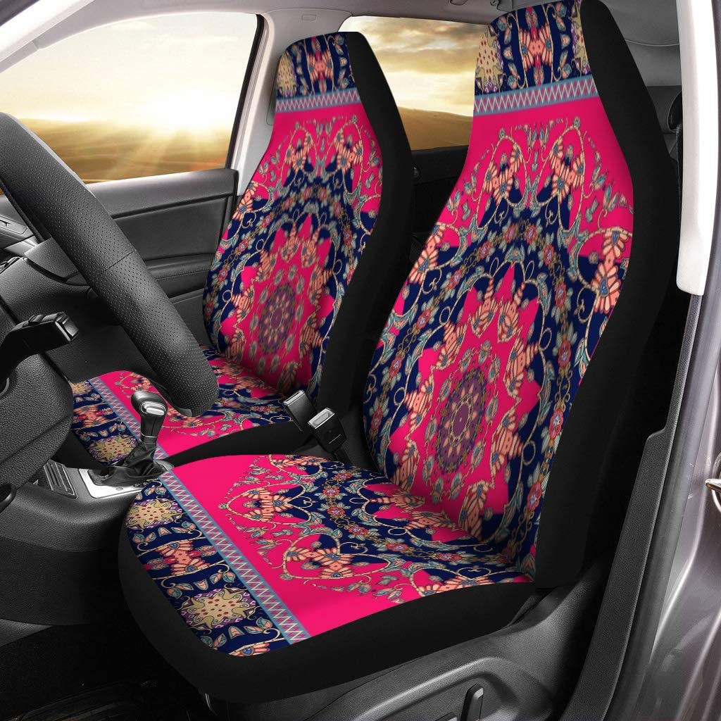 FMSHPON Set of 2 Car Seat Covers Blue Carpet Shawl Boho Mandala and Red Universal Auto Front Seats Protector Fits for Car，SUV Sedan，Truck