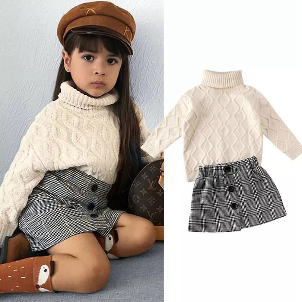 Baby Kids Winter Clothes 2 Pieces Set Turtleneck Knitted Sweater Tops Plaid Skirt Suit White 90cm