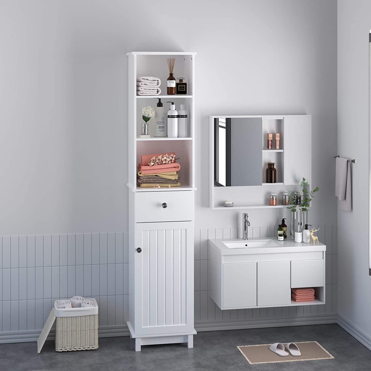 Homfa Slim Bathroom Tower with Door, 70 in Modern Wooden Organizer Rack with Adjustable Shelves and Drawer, White Finish