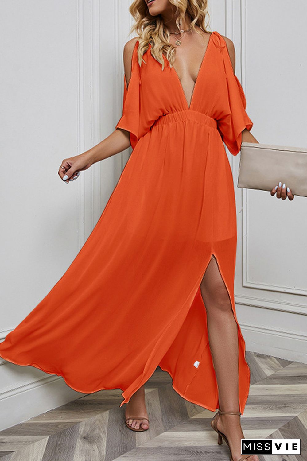 Cold Shoulder Deep V Neck Split Maxi Dress