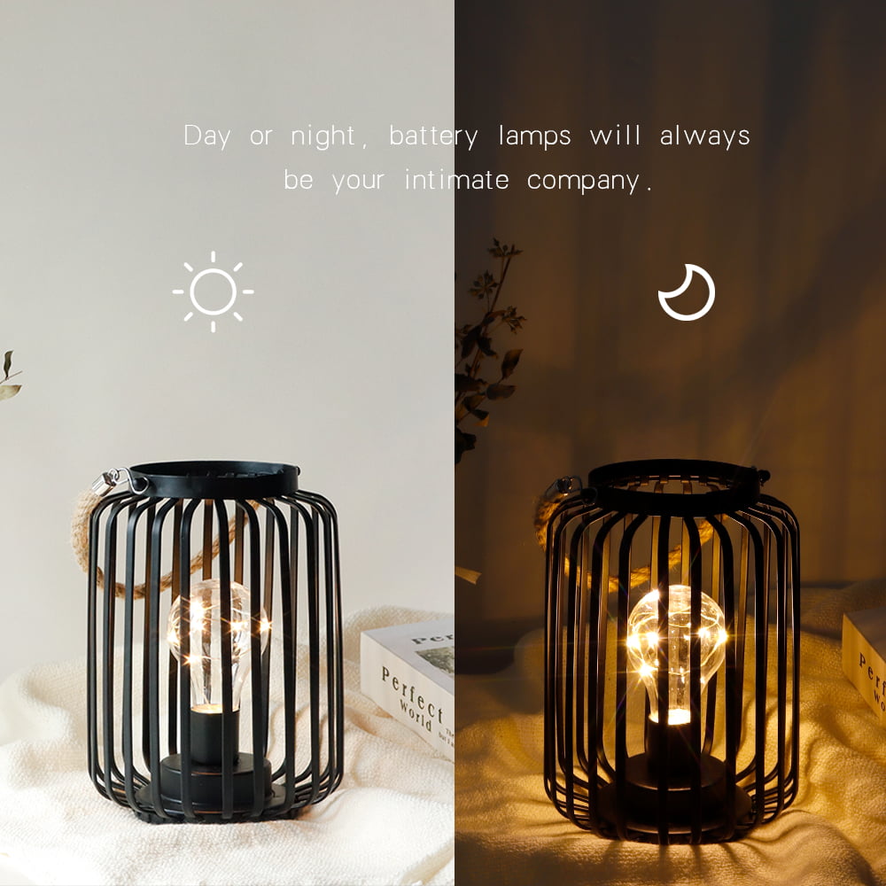 JHY DESIGN Medium Metal Cage Outdoor lantern， Battery Powered Cordless Lamp， Decorative Hanging Lantern with Rope Handle (Black)