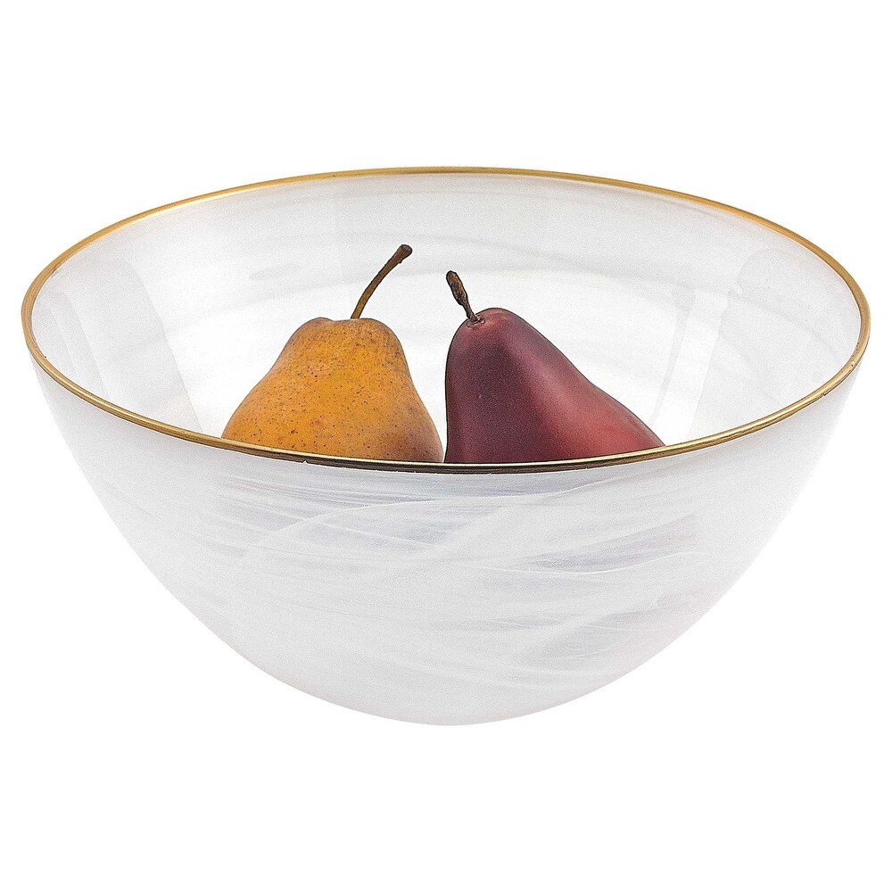 10 Hand Crafted White Gold Glass Fruit or Salad Bowl With Gold Rim   10\