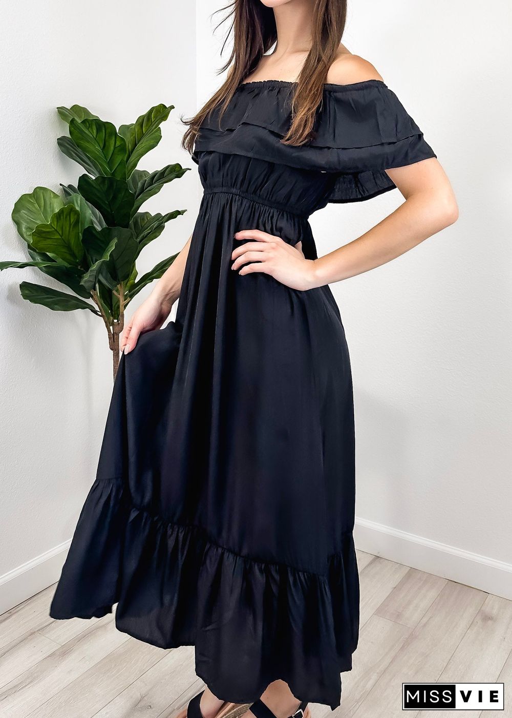 Grecian Ruffle Stretch Maxi Long Dress