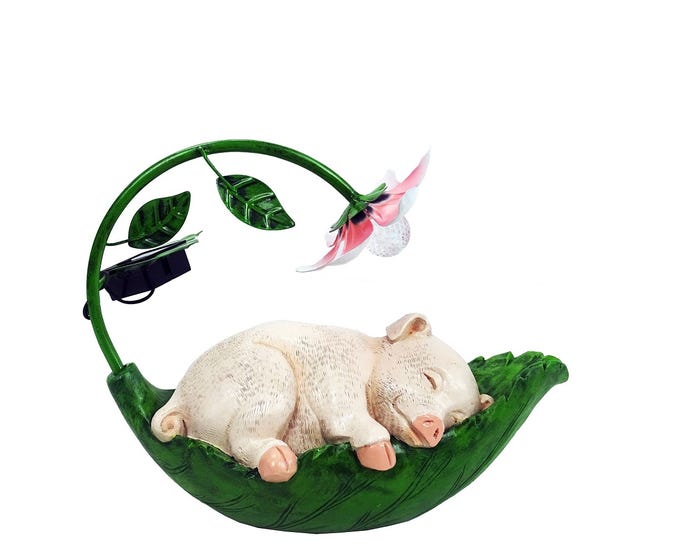 Alpine Solar Sleeping Pig on Leaf with Cool White LED Light - YEN504SLR-TM